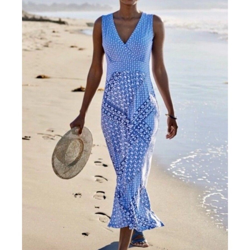 LL‎ BEAN Delft Blue Print Rayon Jersey Knit Stretchy Summer Sleeveless Dress XS